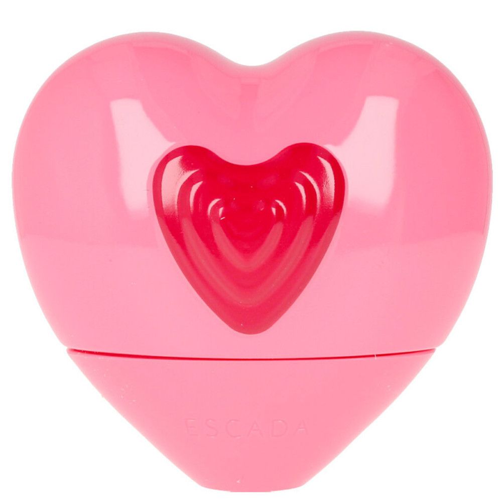 Roze hartvormige flacon met rood hartpatroon. Flacon met opschrift "Escada".