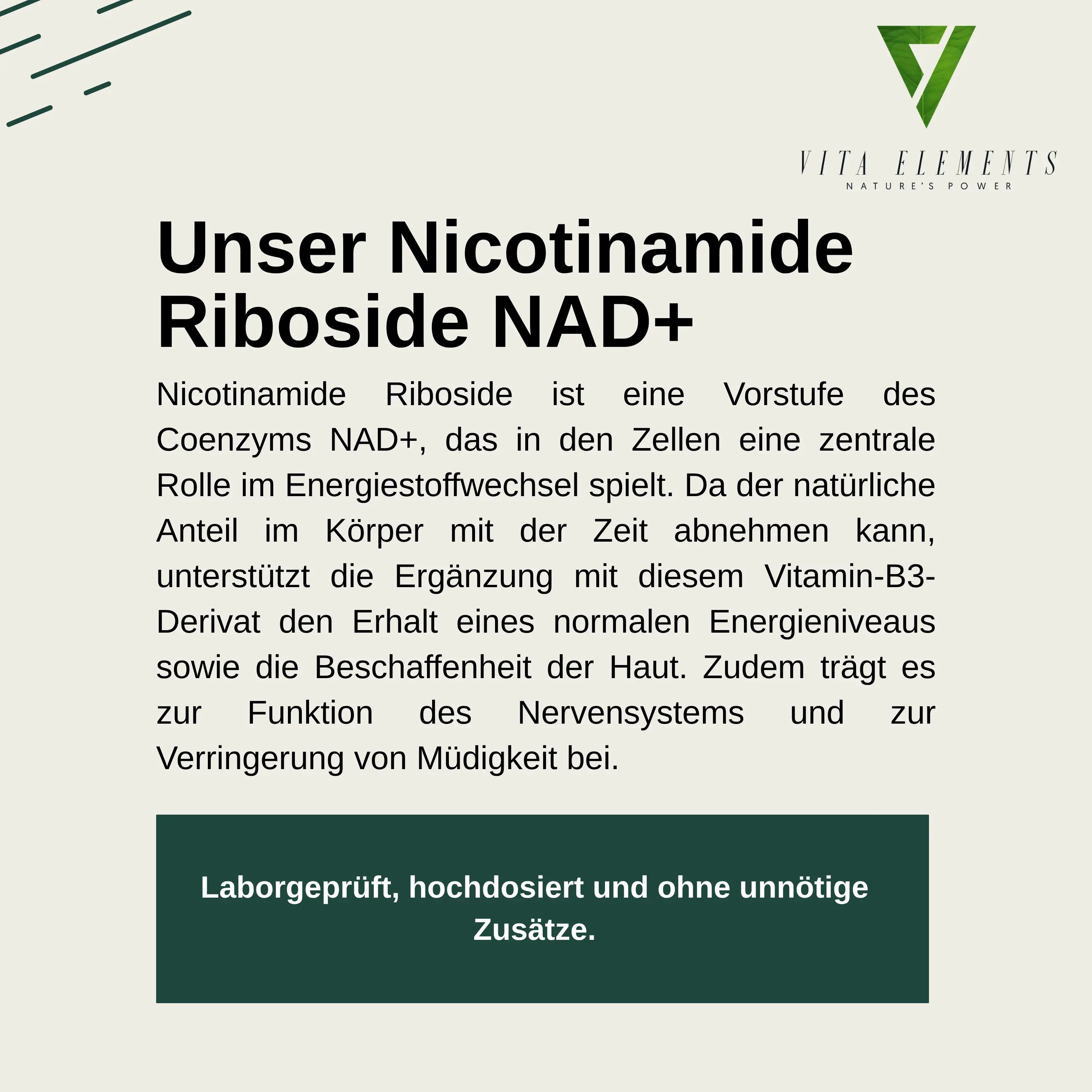Texte expliquant le rôle du Nicotinamide Riboside NAD+ dans le métabolisme énergétique et ses bienfaits.