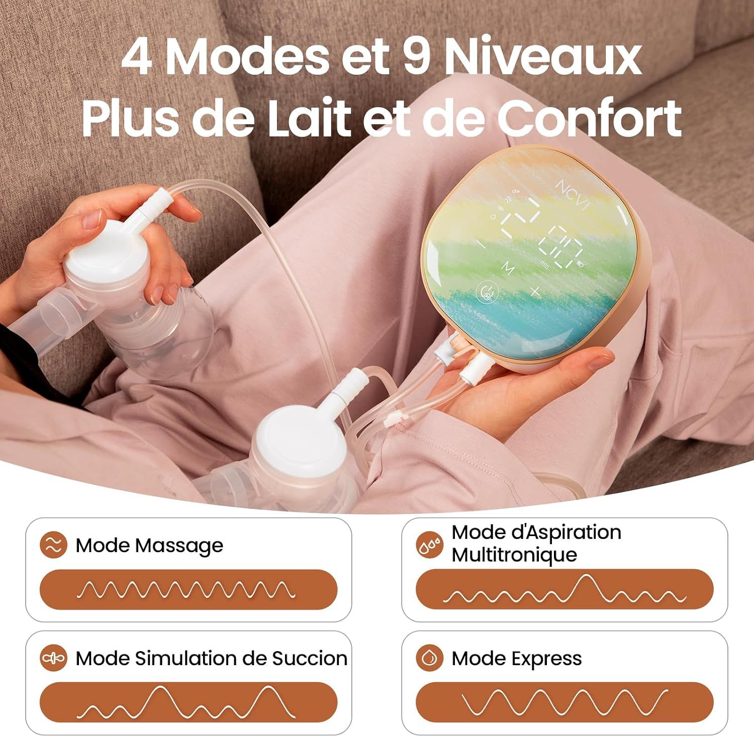 Un tire-lait portable avec écran numérique et quatre modes : Massage, aspiration multitronique, simulation d'aspiration et mode express.
