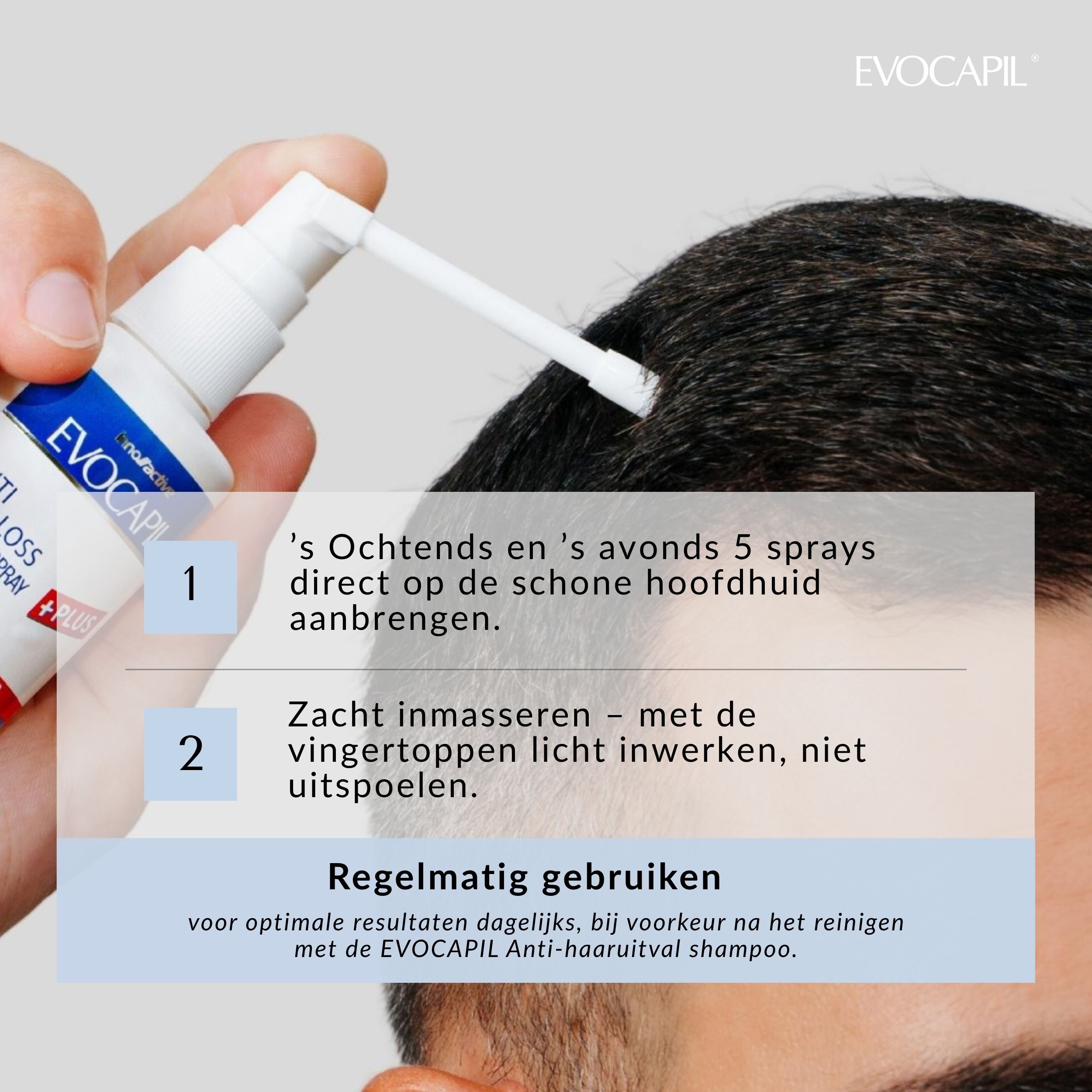 Persoon brengt spray aan op de hoofdhuid. Tekst: 's Ochtends en 's avonds 5 sprays. Zachtjes inmasseren.