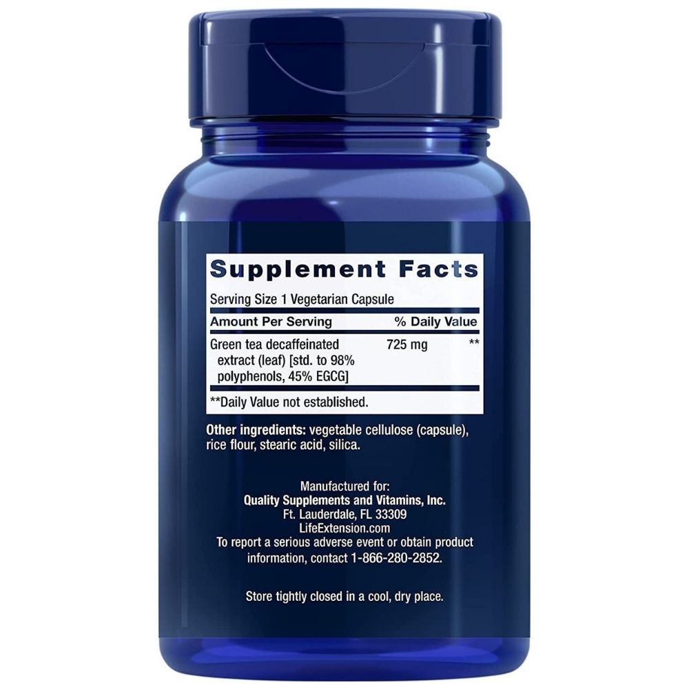 Arrière de la bouteille avec les informations nutritionnelles pour Life Extension Mega Green Tea Extract décaféiné.