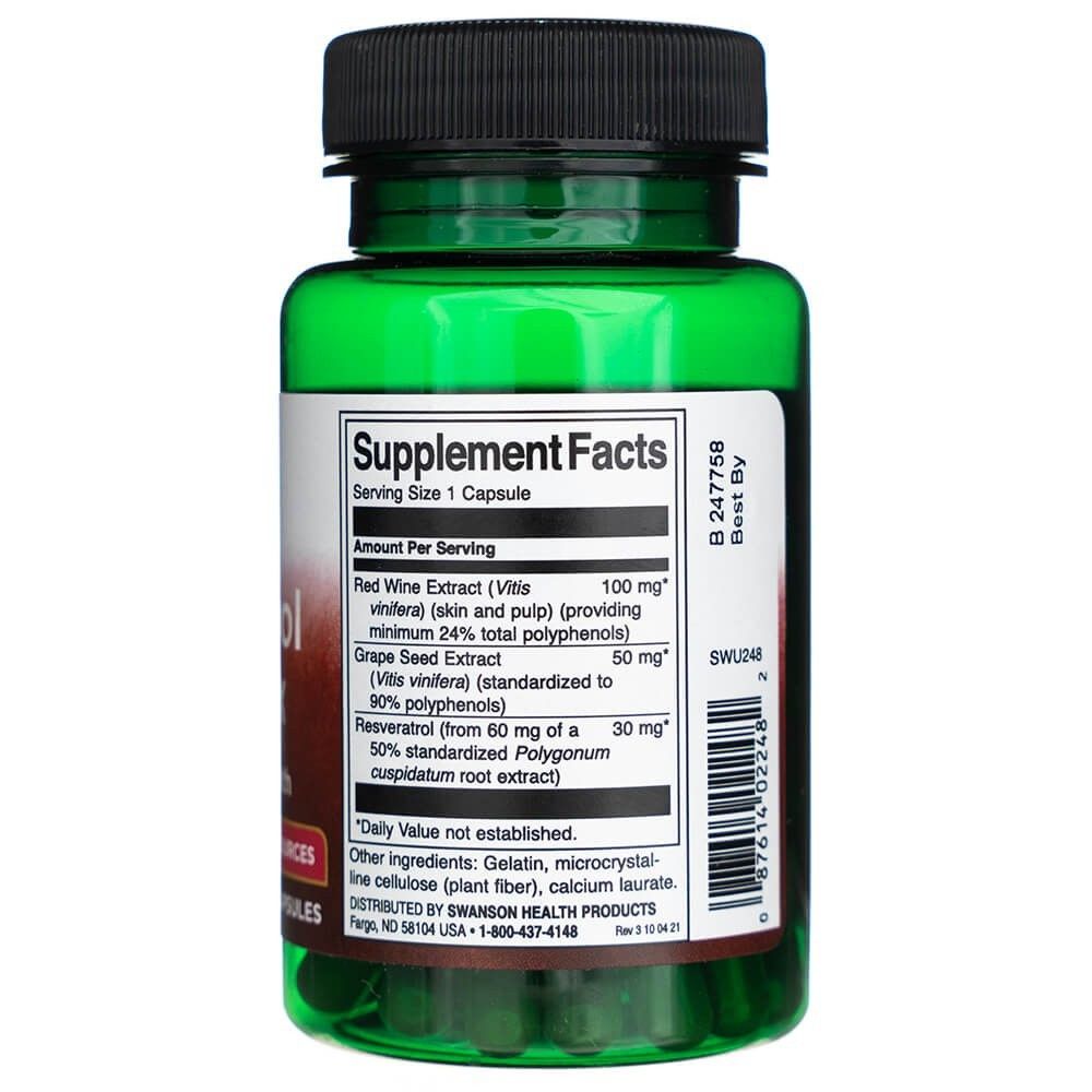 Achterkant van een fles Swanson Resveratrol Complex met voedingsfeiten en ingrediënten.