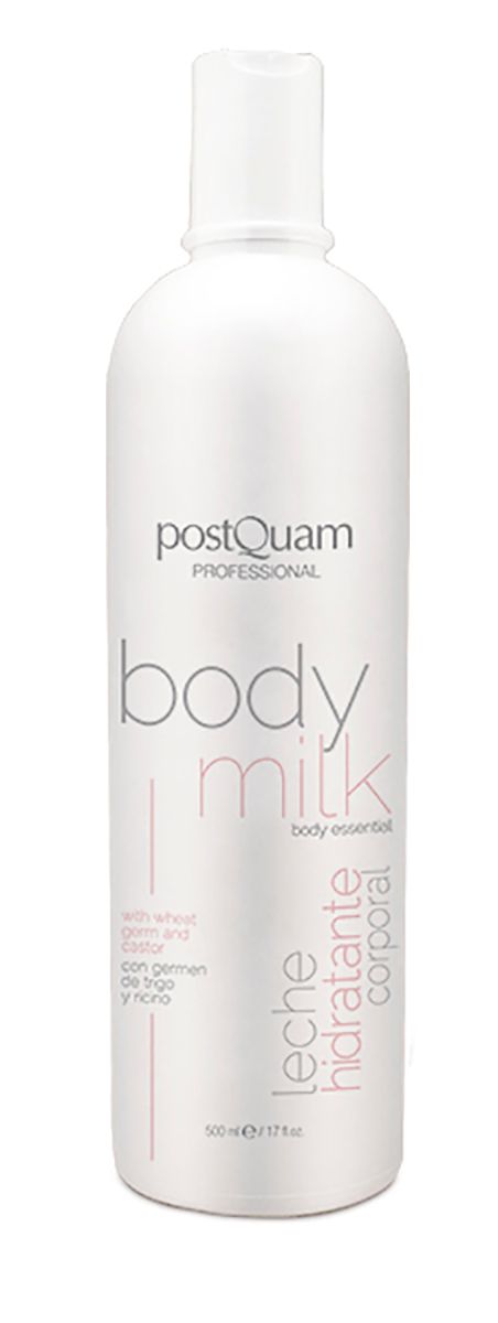 Witte fles "Postquam Professional Body Milk". Tekst: "Leche Hidratante Corporal", "500 ml".