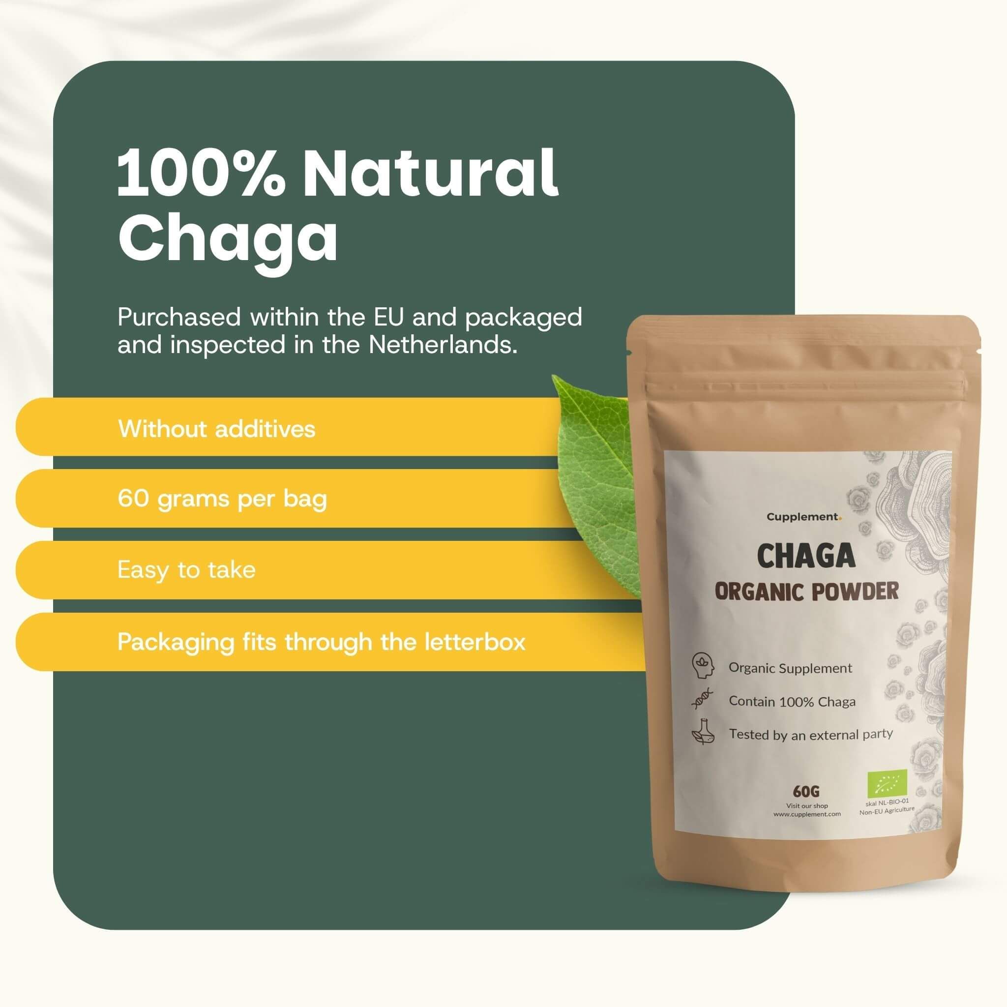 Sachet de Chaga Organic Powder. Texte: 100% Chaga naturel, 60 grammes par sachet. Avec logo bio UE.