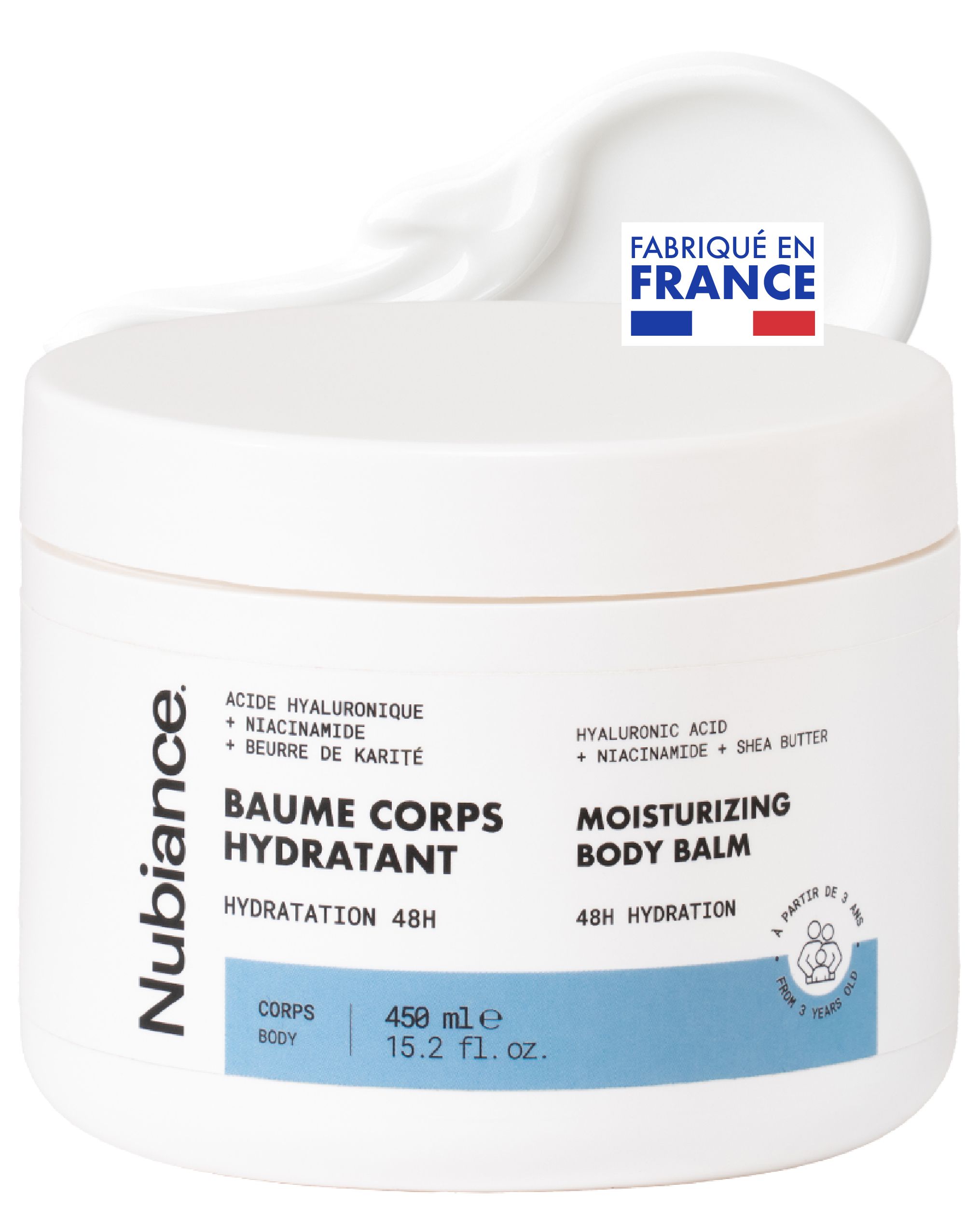 Witte pot met product, opschrift „Baume Corps Hydratant“. Met „Fabriqué en France“ zegel.