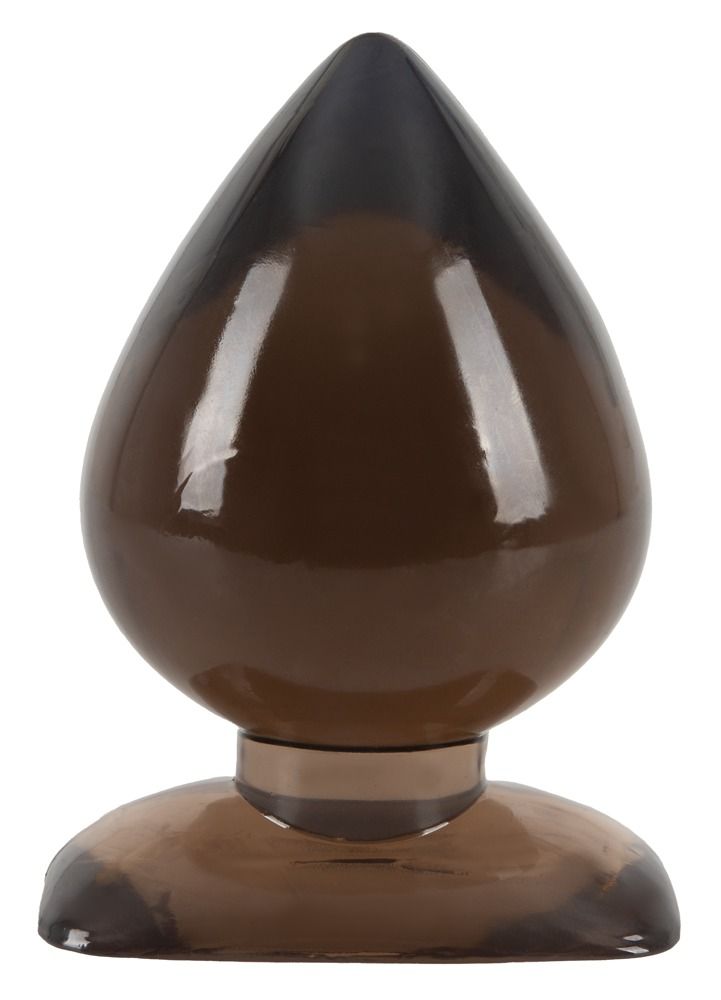 Plug anal en forme de goutte, en matière marron brillante avec une base large.
