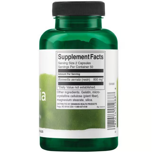 Dos du flacon vert. Inscription: Supplement Facts. Contient Boswellia serrata (résine) 800 mg.