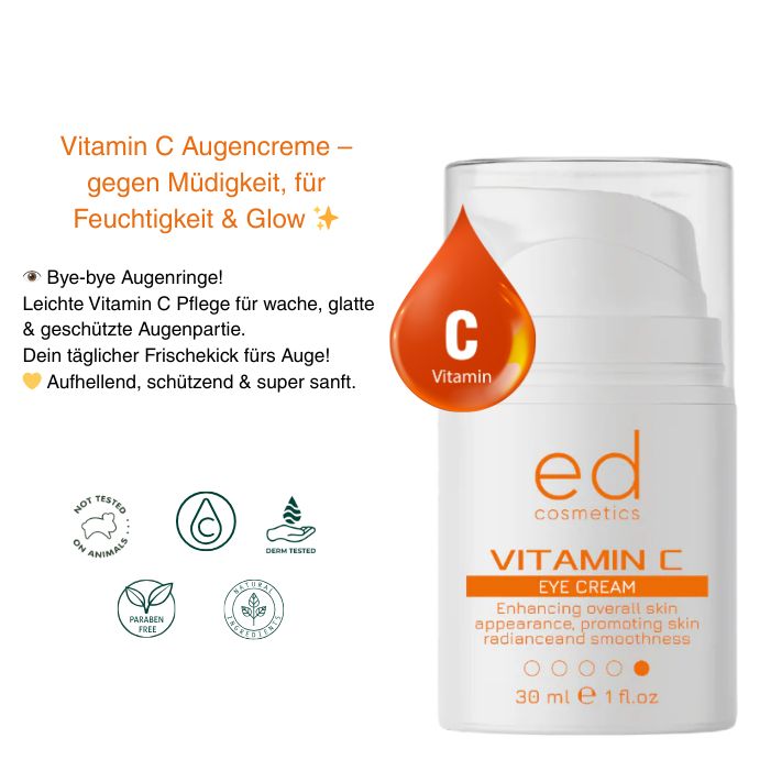 Flacon de crème pour les yeux blanc avec étiquette orange et symbole de goutte. Texte : Vitamin C Eye Cream, 30 ml, 1 fl.oz. Marque : ed cosmetics.