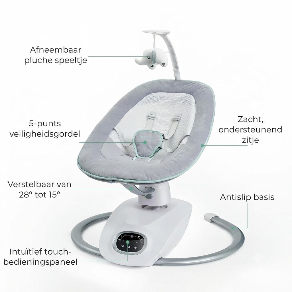 Babywipper met afneembaar speeltje, 5-punts gordel, verstelbare rugleuning, zachte zitting en antislip basis.