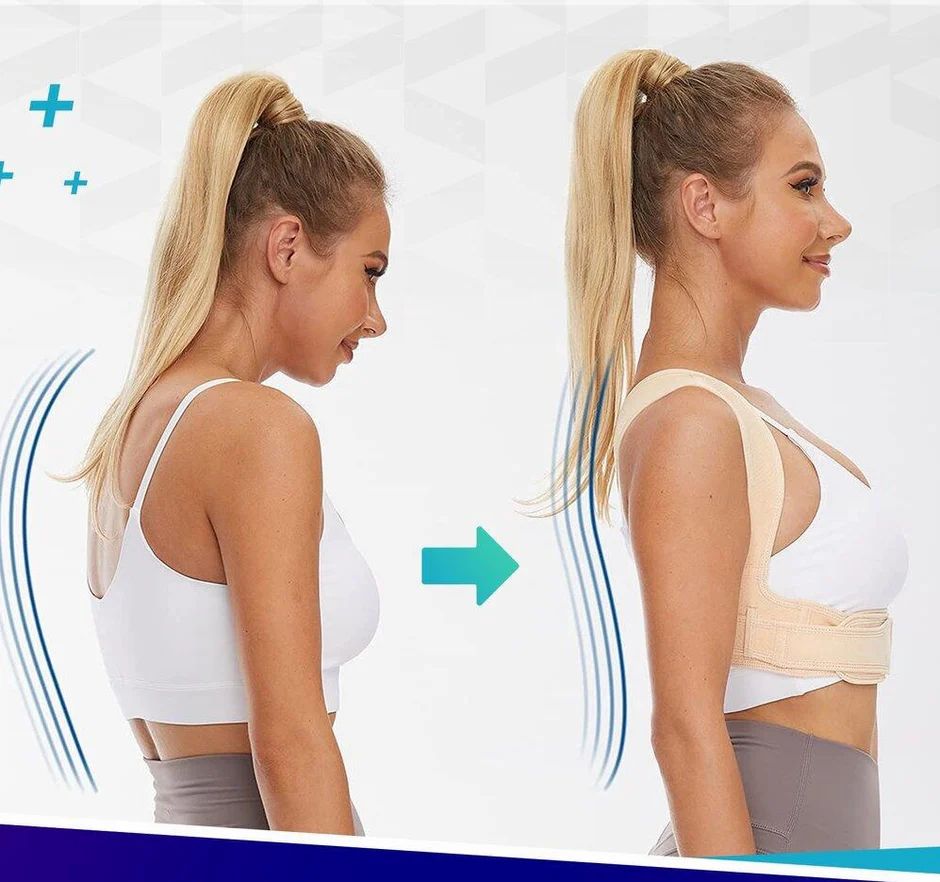 Image avant-après d'une femme. Gauche : mauvaise posture. Droite : bonne posture avec ceinture dorsale beige. Sangles réglables.