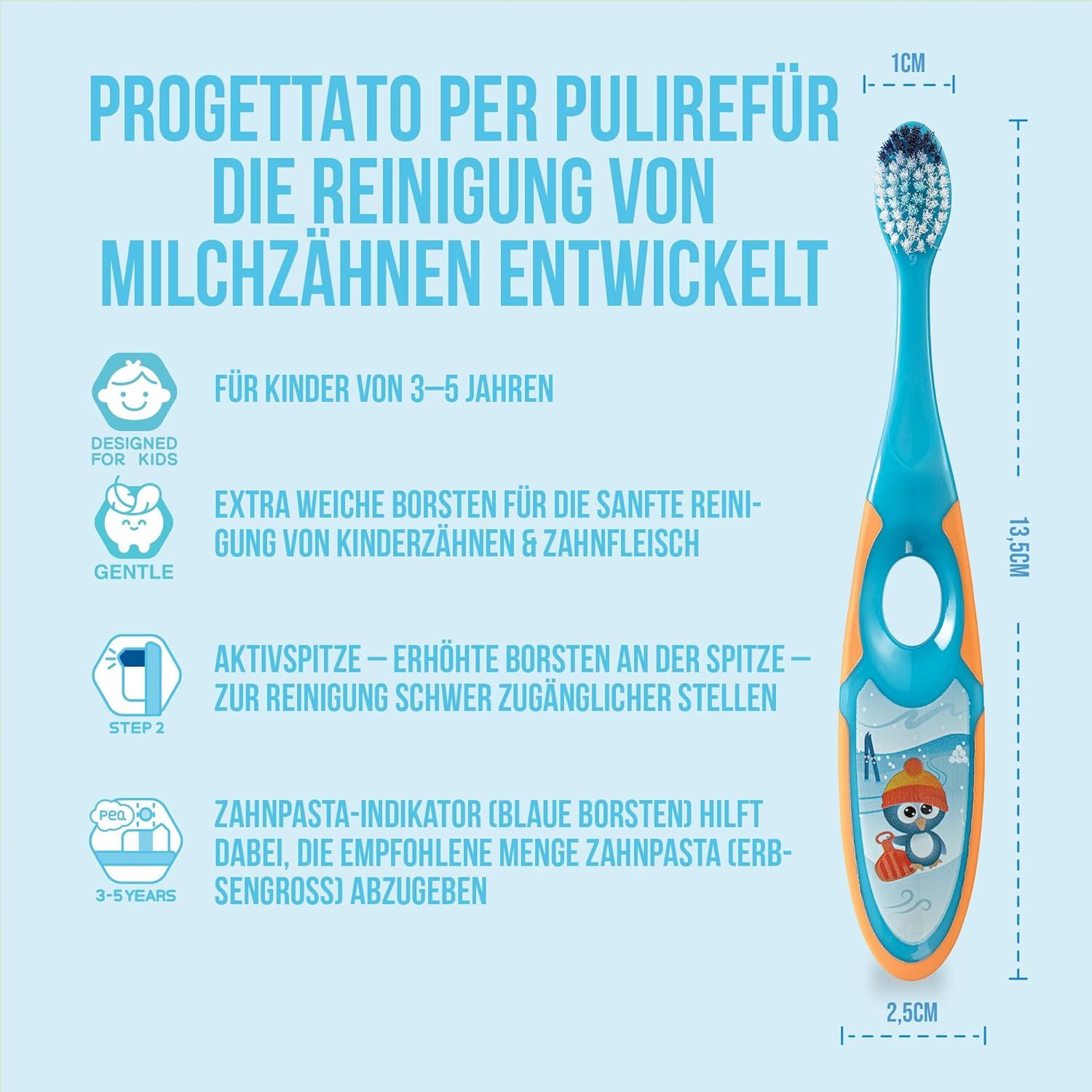 Gros plan sur une brosse à dents enfant bleue et orange. Dimensions : 13,5 cm de long, 2,5 cm de large. Soies bleues, manche illustré.