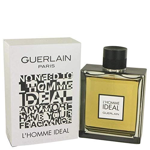 Guerlain L'Homme Idéal Eau de Toilette fles en verpakking. Rechthoekige fles met zwarte dop. Witte verpakking met tekst.