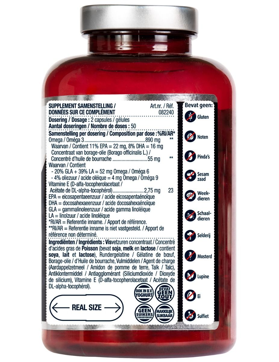 Achterkant van de fles met informatie. Bevat informatie over ingrediënten, dosering en allergenen.