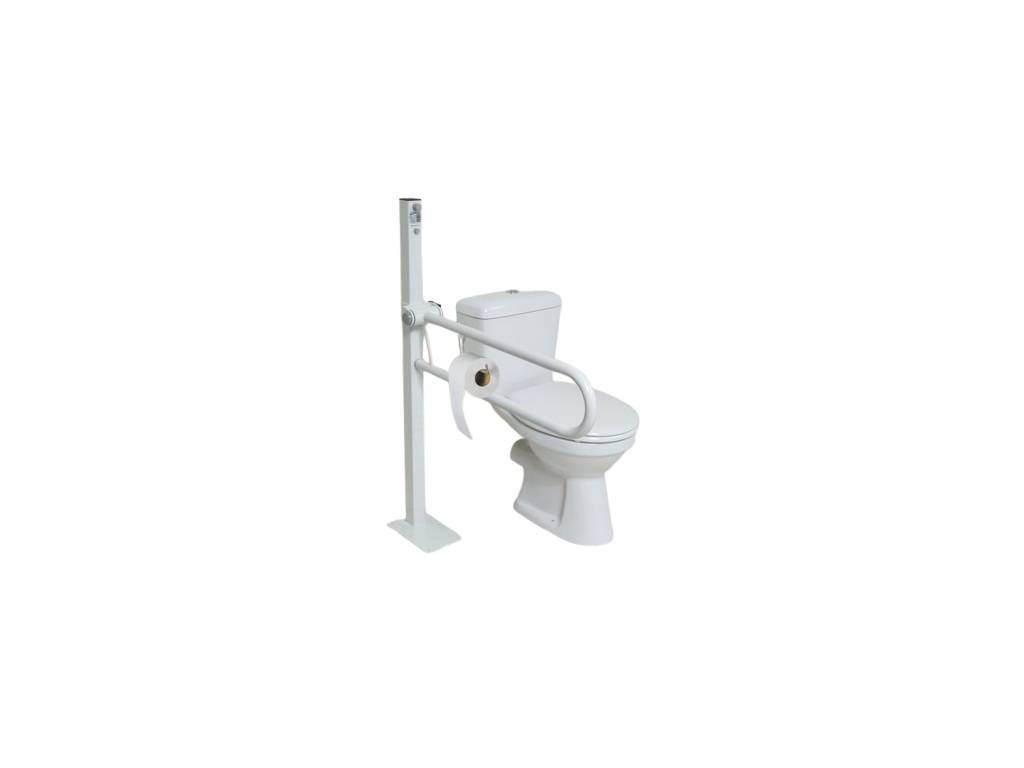 Opklapbare beugel met toiletpapierhouder op verstelbare kolom. Wit metaal, naast een toilet.