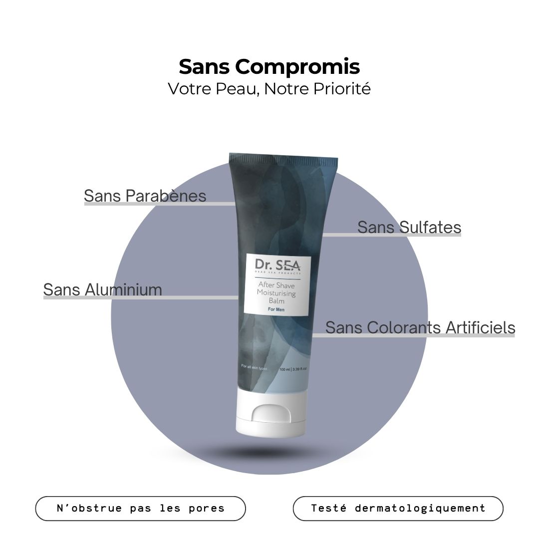 Tube de baume après-rasage. Texte : Sans parabènes, sulfates, aluminium, colorants artificiels. Testé dermatologiquement.
