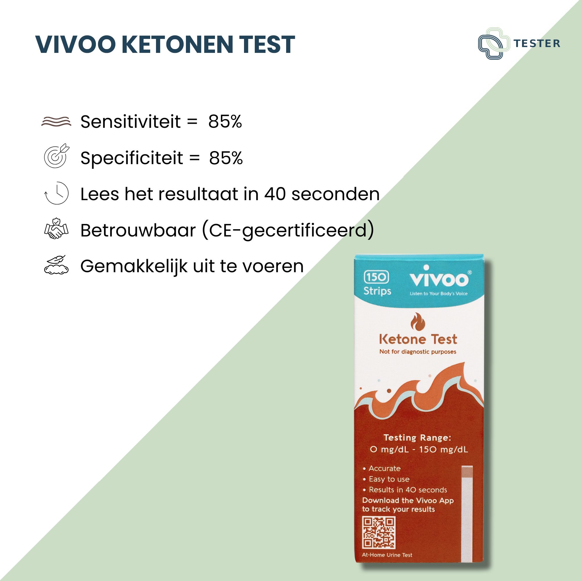 Vivoo Keton Test verpakking met 150 strips. Tekst: Keton Test, testbereik 0-150 mg/dL. CE-gecertificeerd.