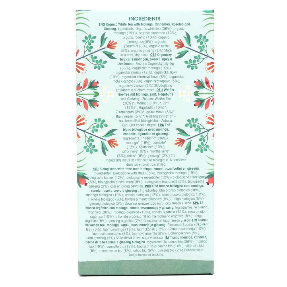 Achterkant van de theedoos. Opschrift: Ingrediënten in meerdere talen, English Tea Shop ORGANIC.