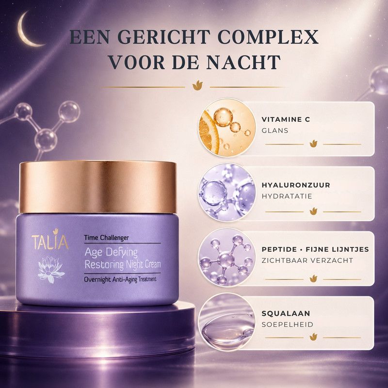 Pot nachtcrème 'Talia Time Challenger Age Defying Restoring Night Cream' met tekst over ingrediënten.