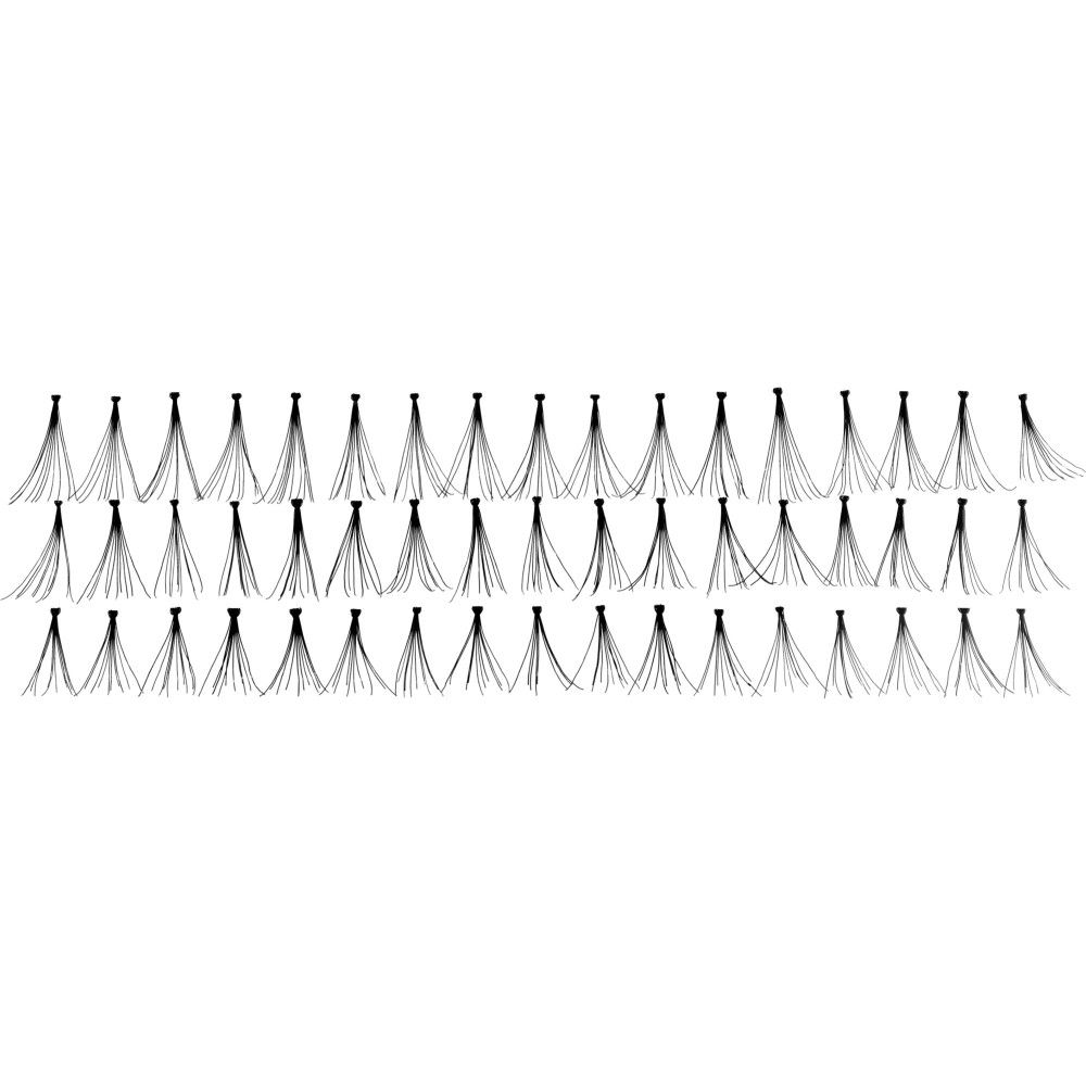 Plusieurs touffes de faux cils noirs, alignées. Chaque touffe est composée de plusieurs poils fins.