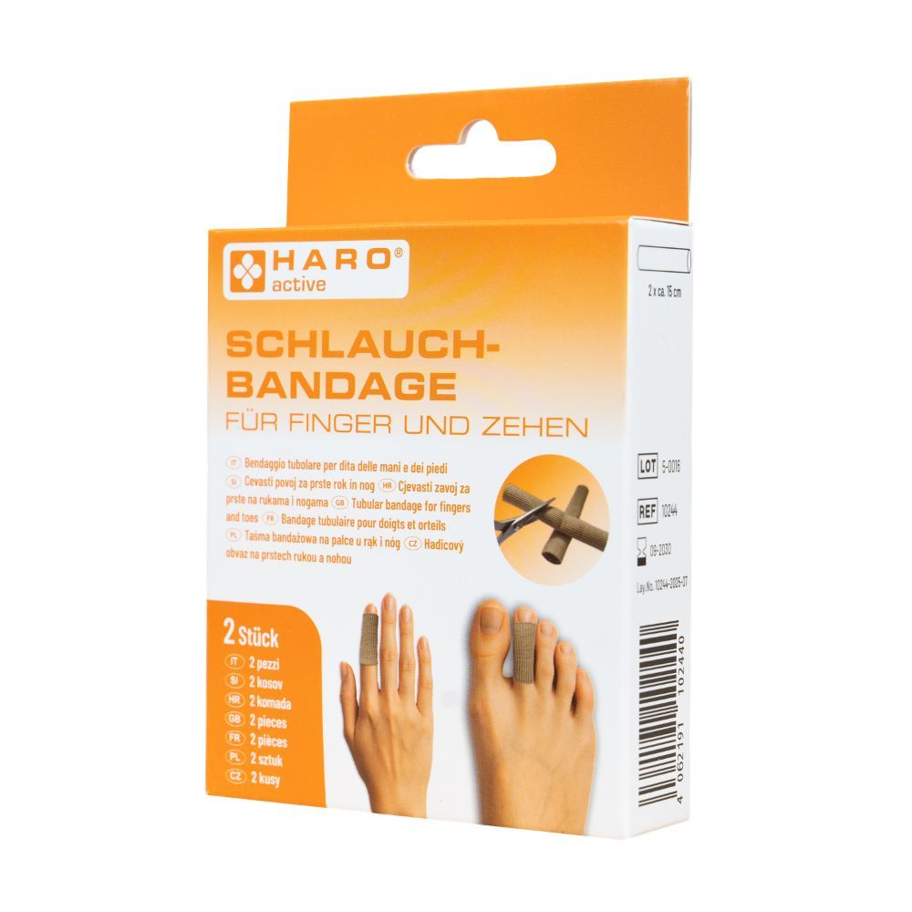 Verpakking met buisverband voor vingers en tenen. Merk HARO active. 2 stuks. Vinger en teen met verband afgebeeld.