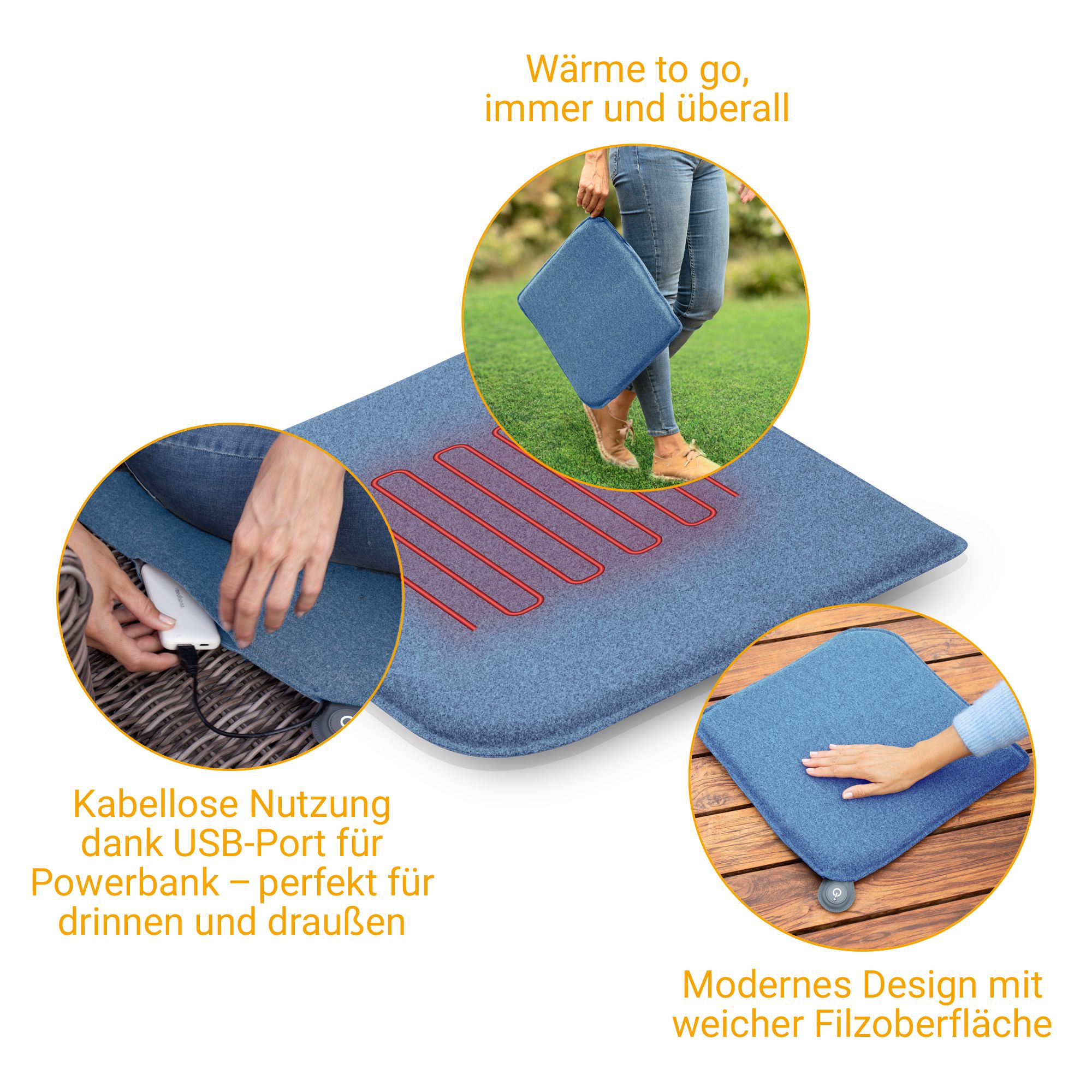Coussin chauffant bleu avec éléments chauffants visibles. Montre l'utilisation sans fil avec une power bank.