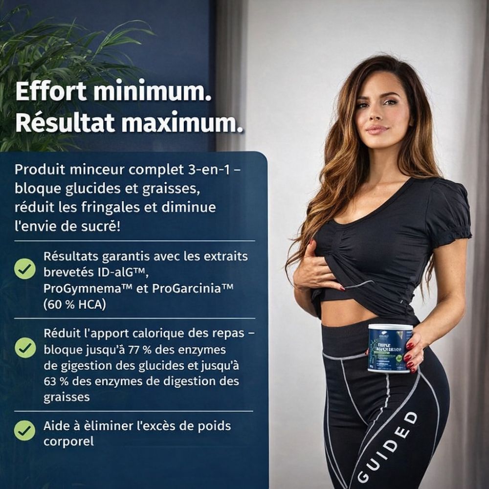 Femme tenant une boîte Nature's Finest Triple Blocker PRO. Complément minceur 3-en-1. 150 g.