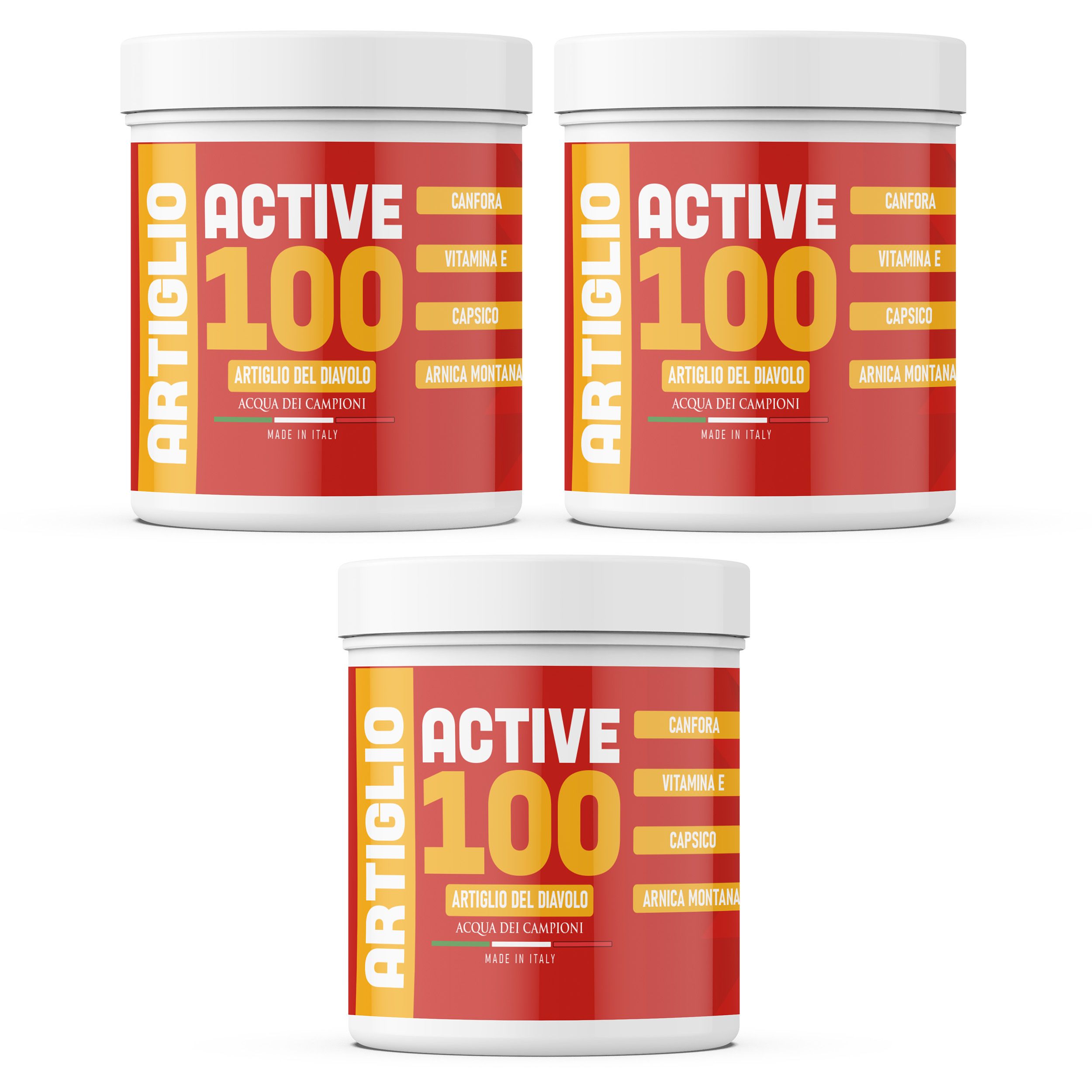 Drie witte potten met rood etiket. Opschrift ACTIVE 100, ARTIGLIO. Bevat Camphor, Vitamine E, Capsico, Arnica Montana. Gemaakt in Italië.