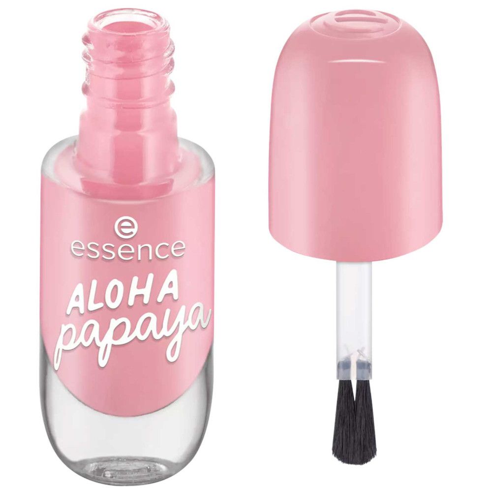 Flacon de vernis à ongles ouvert avec pinceau. Vernis à ongles rose avec inscription blanche "ALOHA papaya". Marque : Essence.