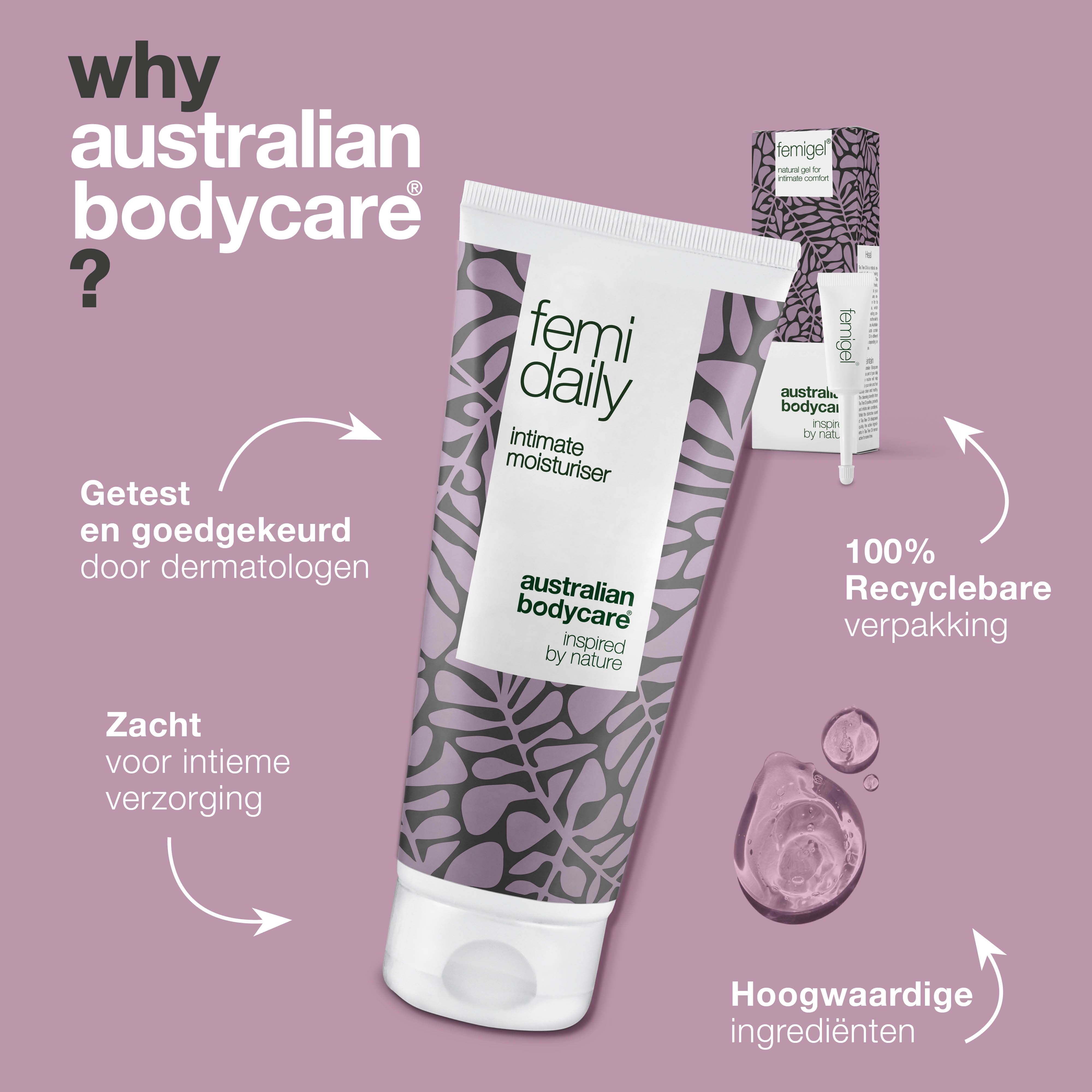 Femidaily-tube, Femigel en verpakking. Tekst in het Nederlands: Waarom Australian Bodycare? Logo: Australian Bodycare.