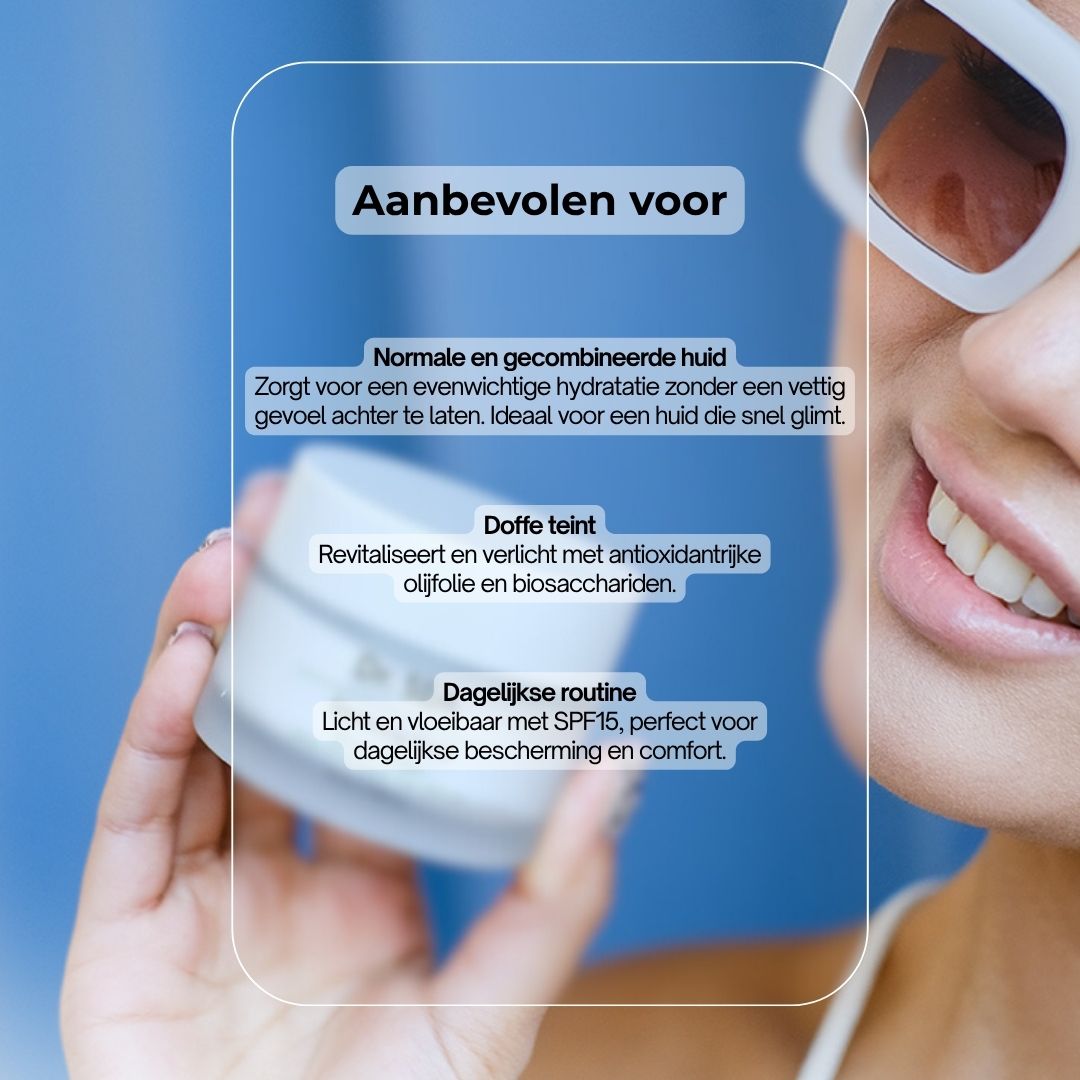 Vrouw met zonnebril houdt product vast. Tekst: Aanbevolen voor: Normale & gecombineerde huid, Doffe teint, Dagelijkse routine.