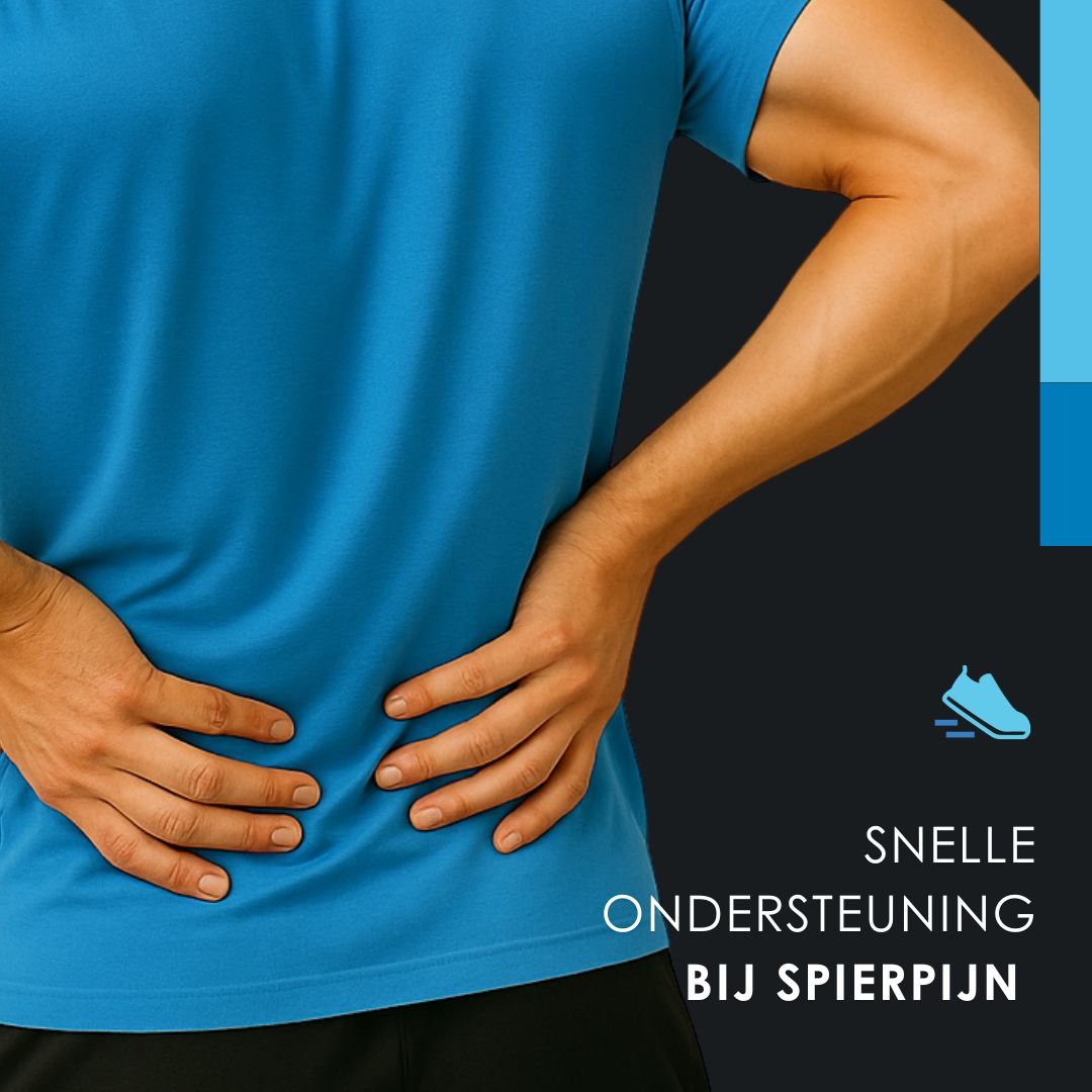 Man raakt zijn rug aan. Tekst: SNELLE ONDERSTEUNING BIJ SPIERPIJN. Blauw schoenicoon.