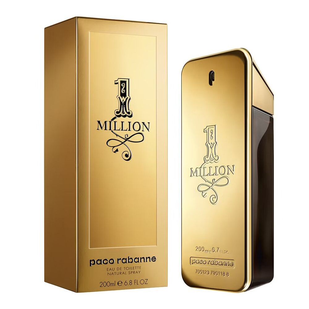 Flacon et boîte dorés Paco Rabanne 1 Million. Inscription: 1 Million, Eau de Toilette, 200ml.