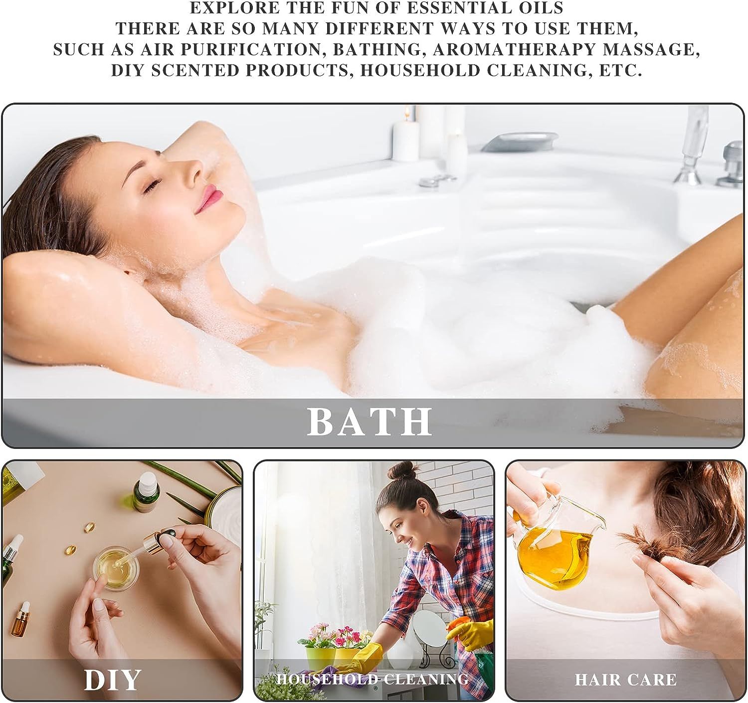 Vrouw in bad. Afbeeldingen: DIY, schoonmaken, haarverzorging. Tekst: Ontdek het plezier van essentiële oliën.