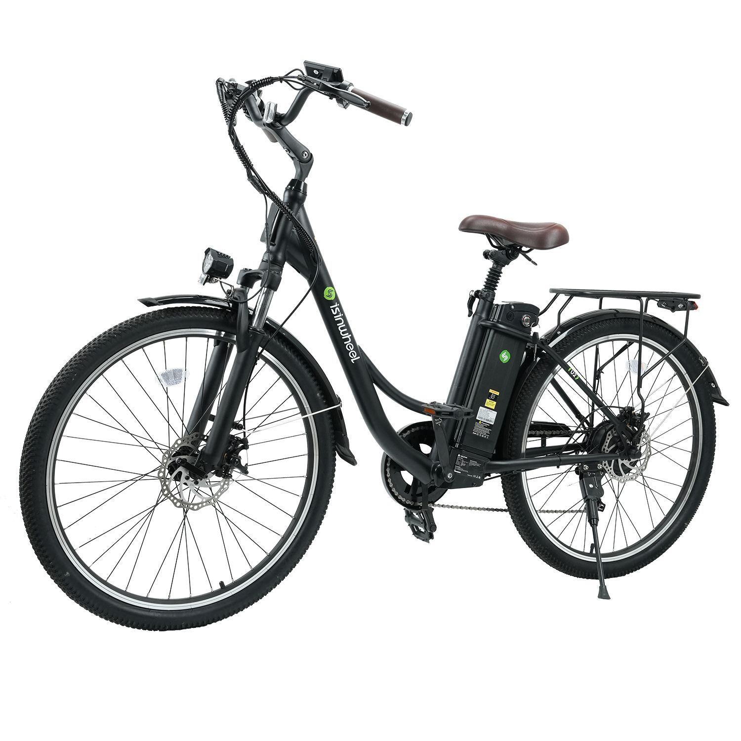 Vélo électrique noir. Affiche phare avant, porte-bagages, selle et batterie amovible. Marque Isinwheel.