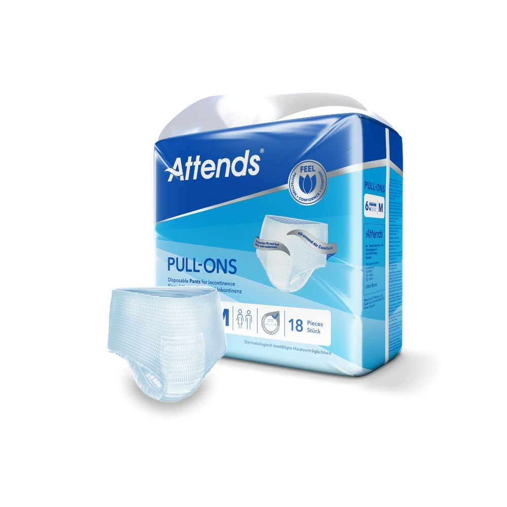Attends Pull-Ons, pantalon d'incontinence et emballage. Emballage bleu avec image du produit et texte. Taille M.