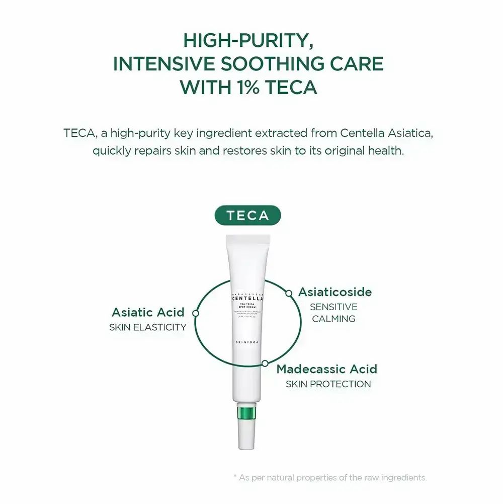 Producttube met tekst: HIGH-PURITY, INTENSIVE SOOTHING CARE. Tekst: TECA, Asiatic Acid, Asiaticoside, Madecassic Acid.