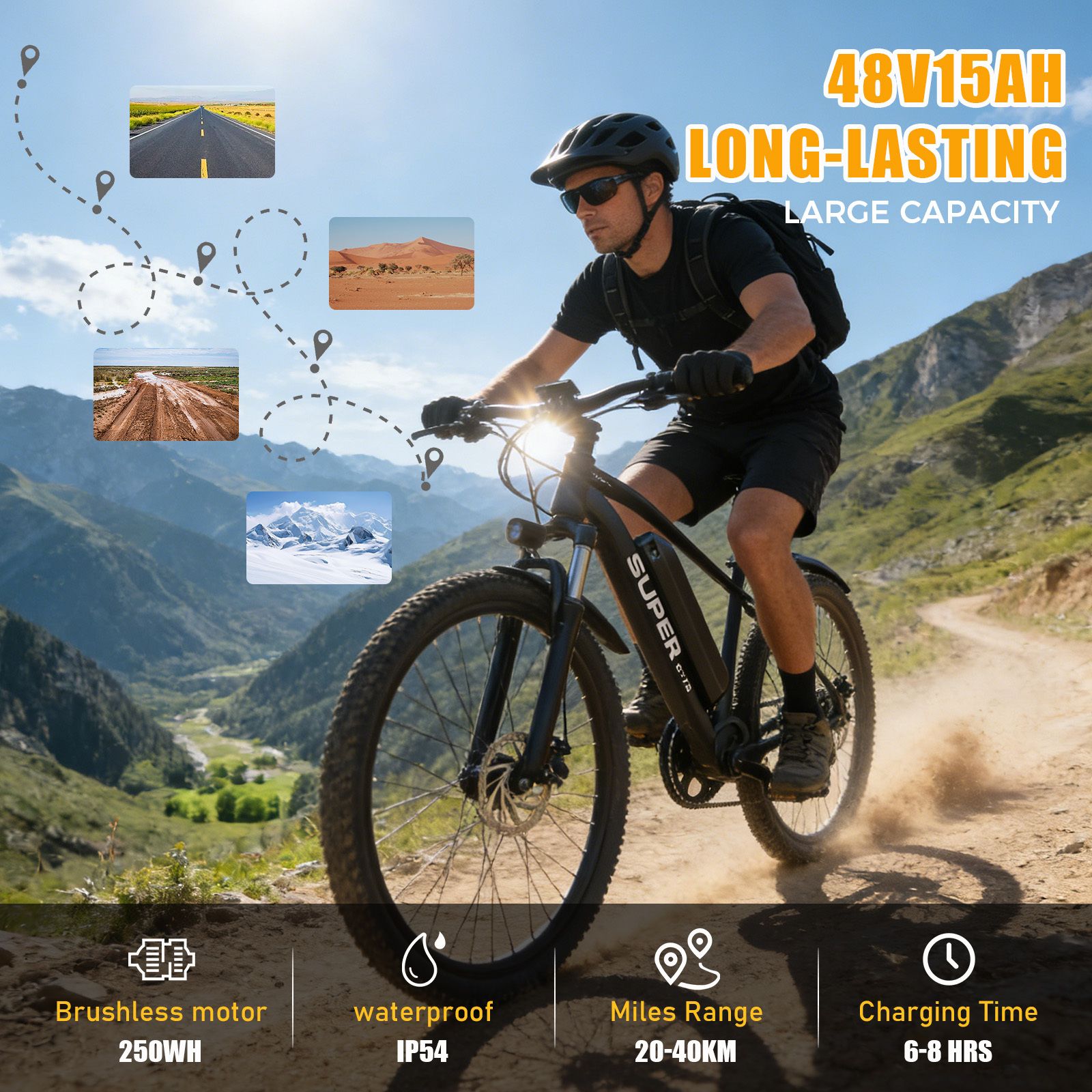 Vélo électrique noir en action sur sentier montagneux. Texte: 48V15AH, moteur 250W, étanche IP54, portée 20-40KM, charge 6-8h.