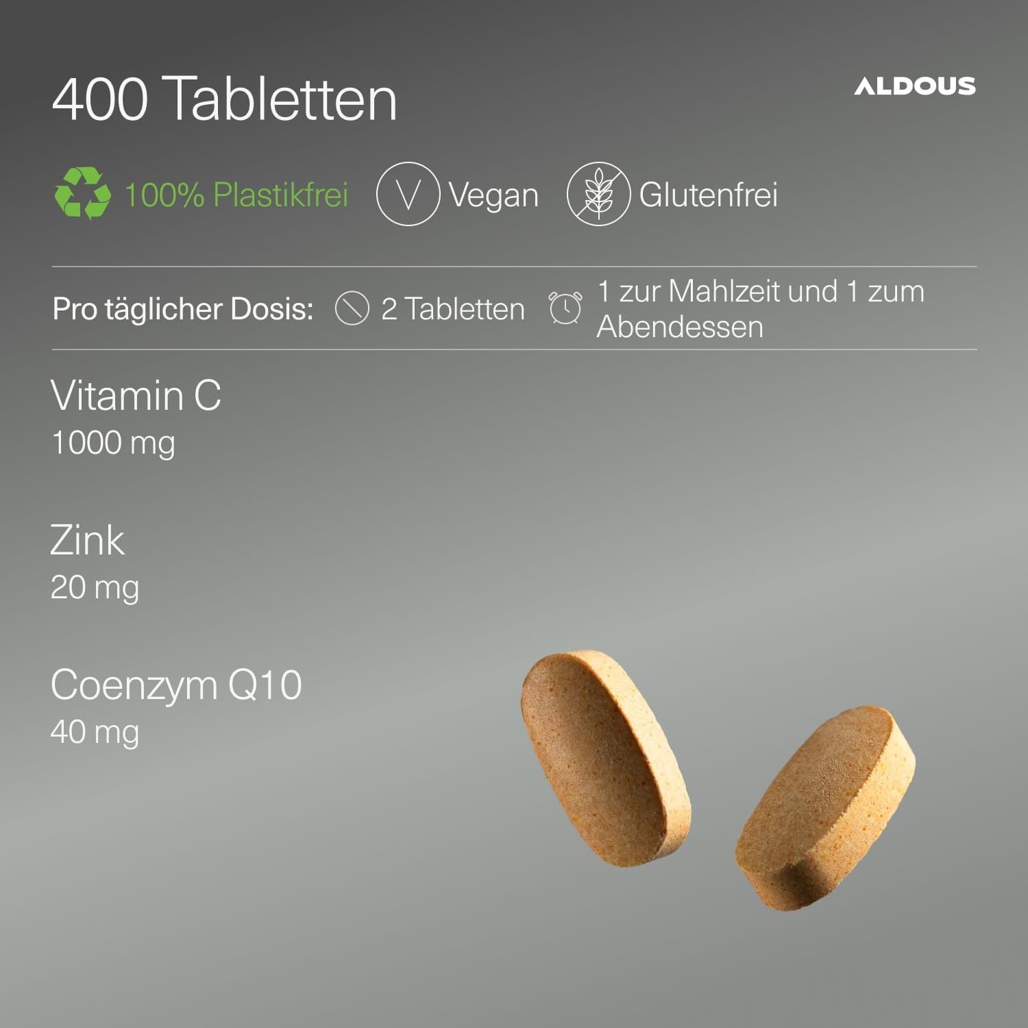 Aldous Vitamine C, Zink, Co-enzym Q10 tabletten. 400 stuks. Vegan, glutenvrij, plasticvrij.