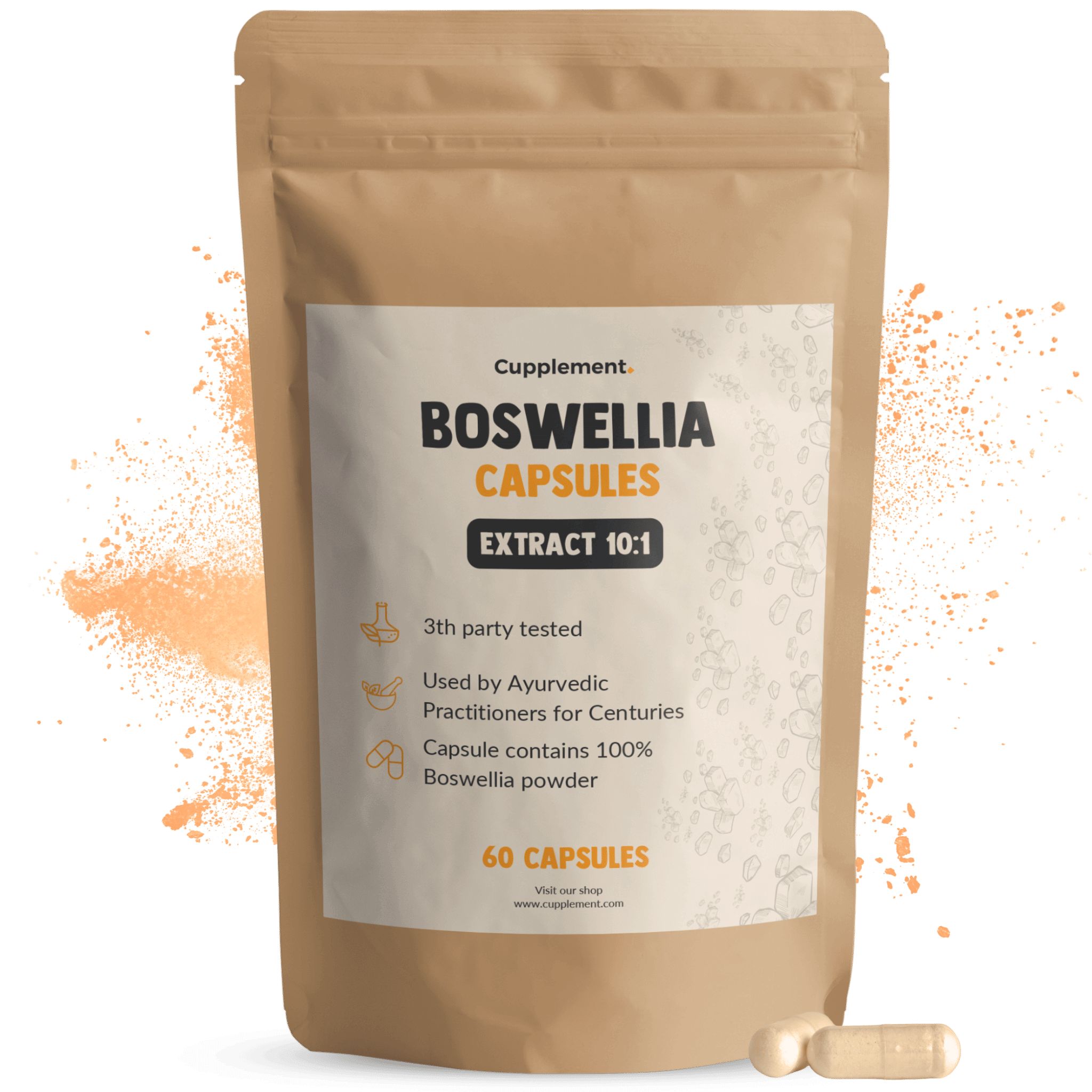 Sachet marron de gélules de Boswellia. Inscription : Boswellia Capsules, Extrait 10:1, 60 gélules.