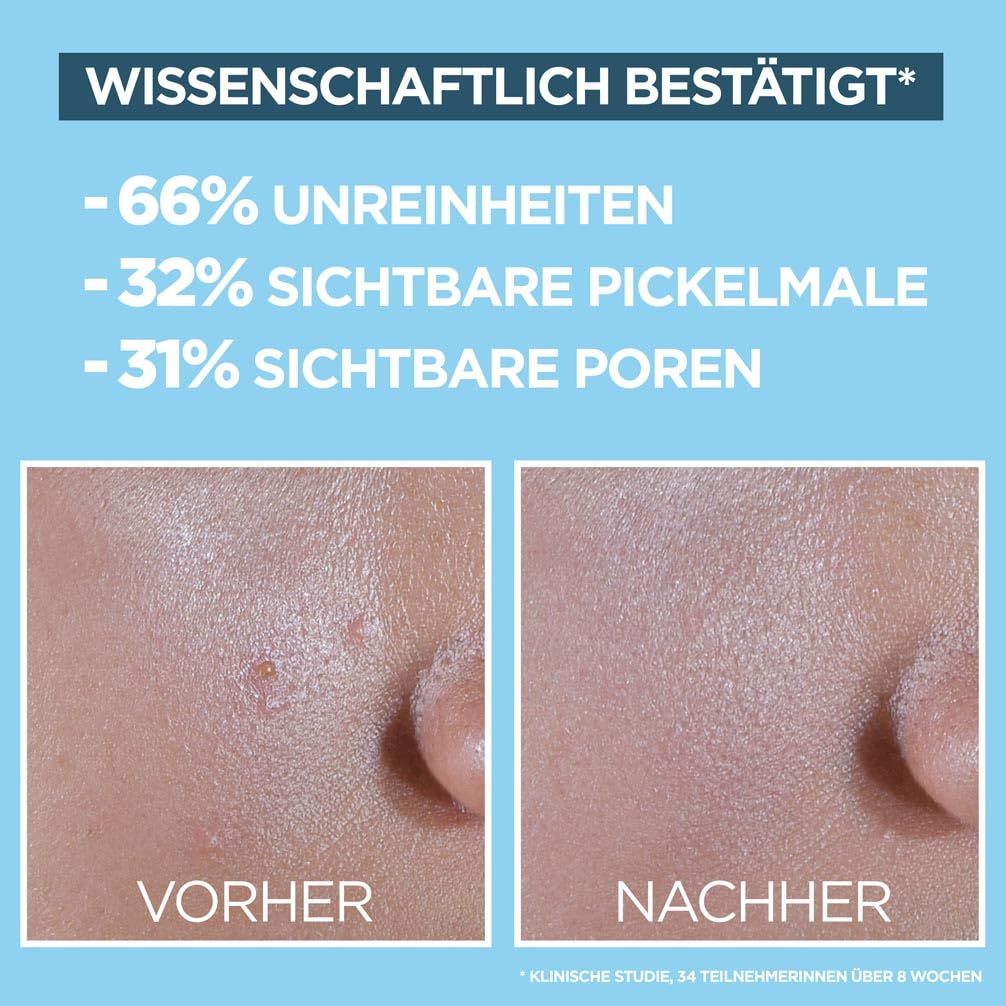 Garnier Hautklar BHA + Niacinamide Daily UV. Comparaison avant-après. Texte: -66% imperfections, -32% marques, -31% pores.