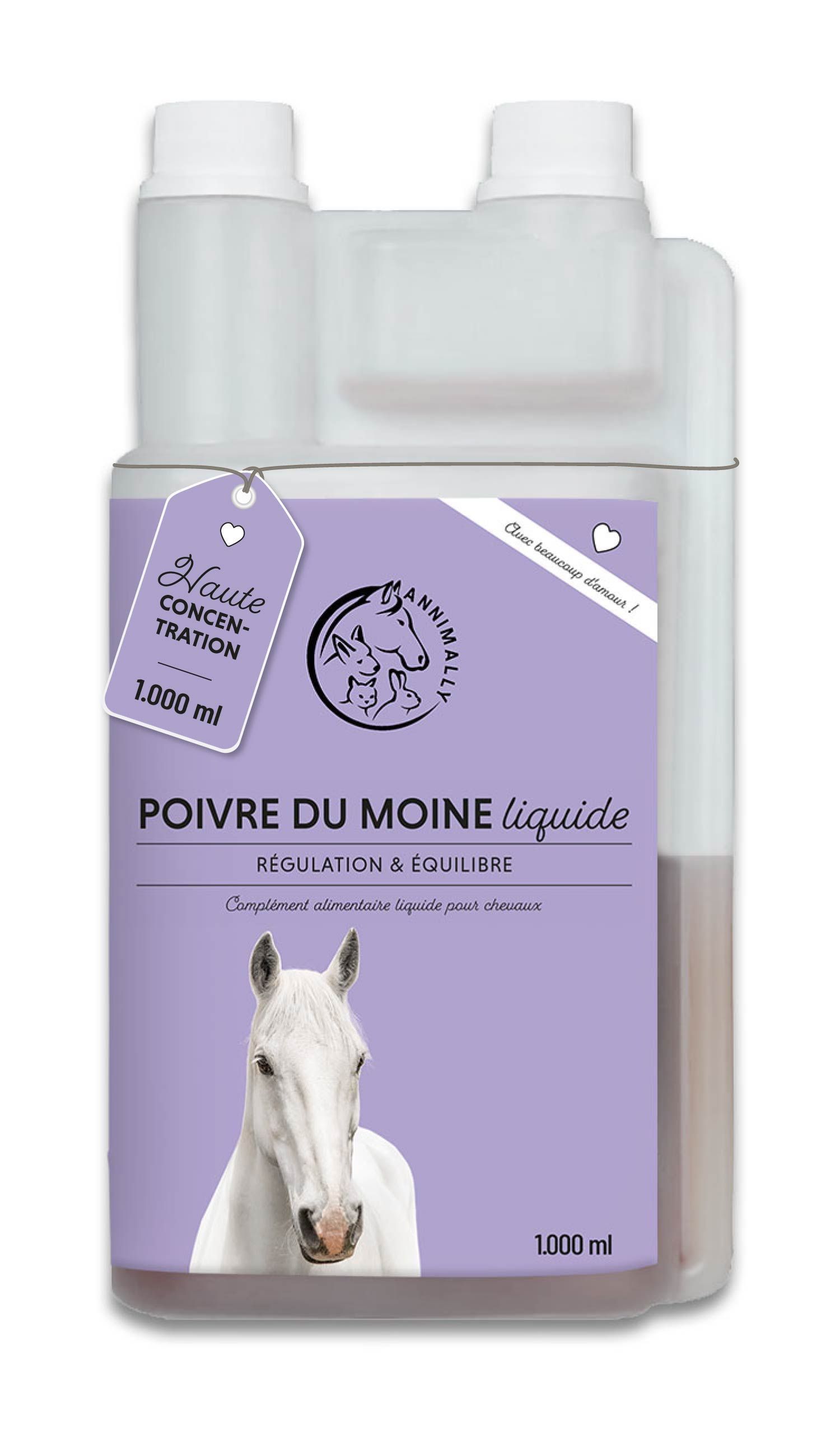 Flacon de Poivre du Moine liquide Annimally. Étiquette violette avec nom du produit, illustration de cheval et volume de 1000 ml.