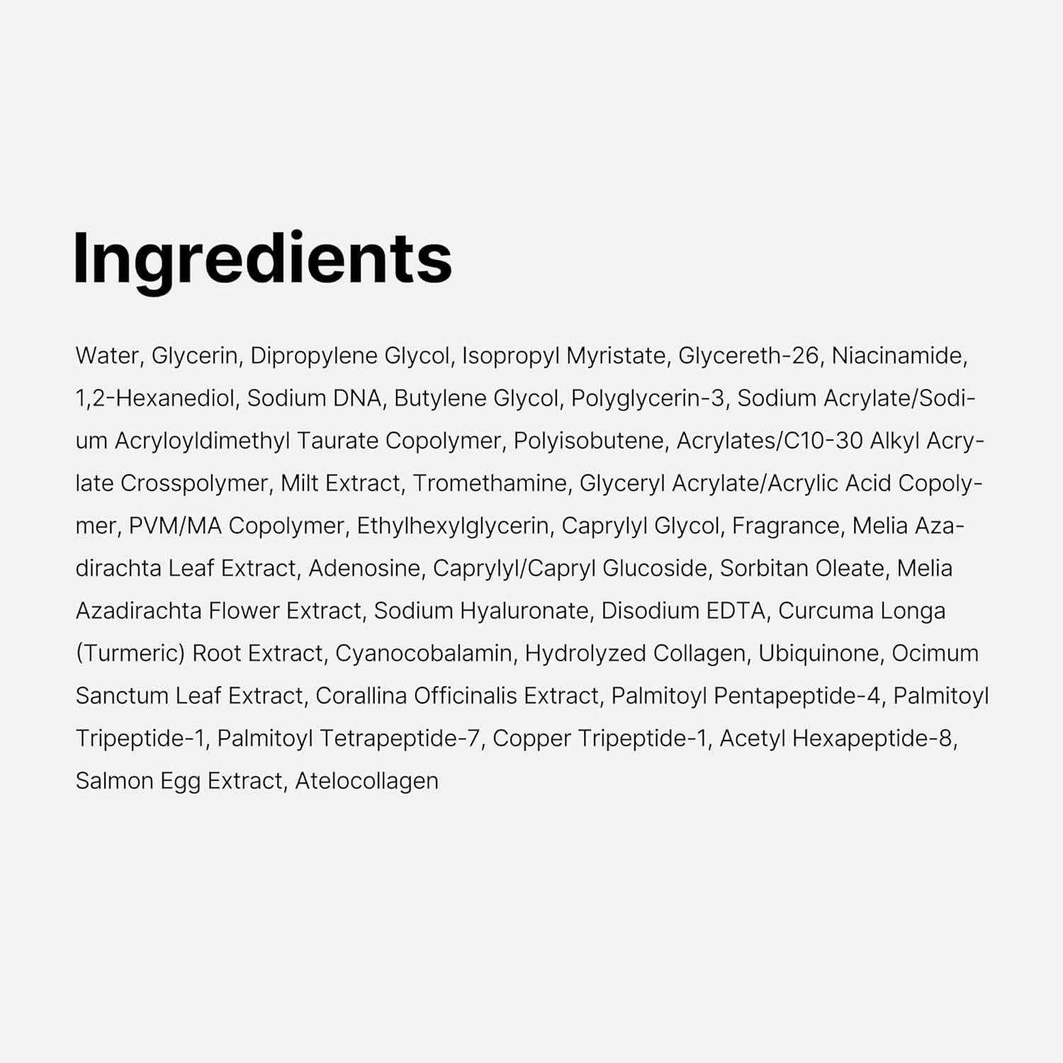 Liste de texte avec ingrédients. Contient de l'eau, de la glycérine, du dipropylène glycol, de l'isopropyle myristate, etc.