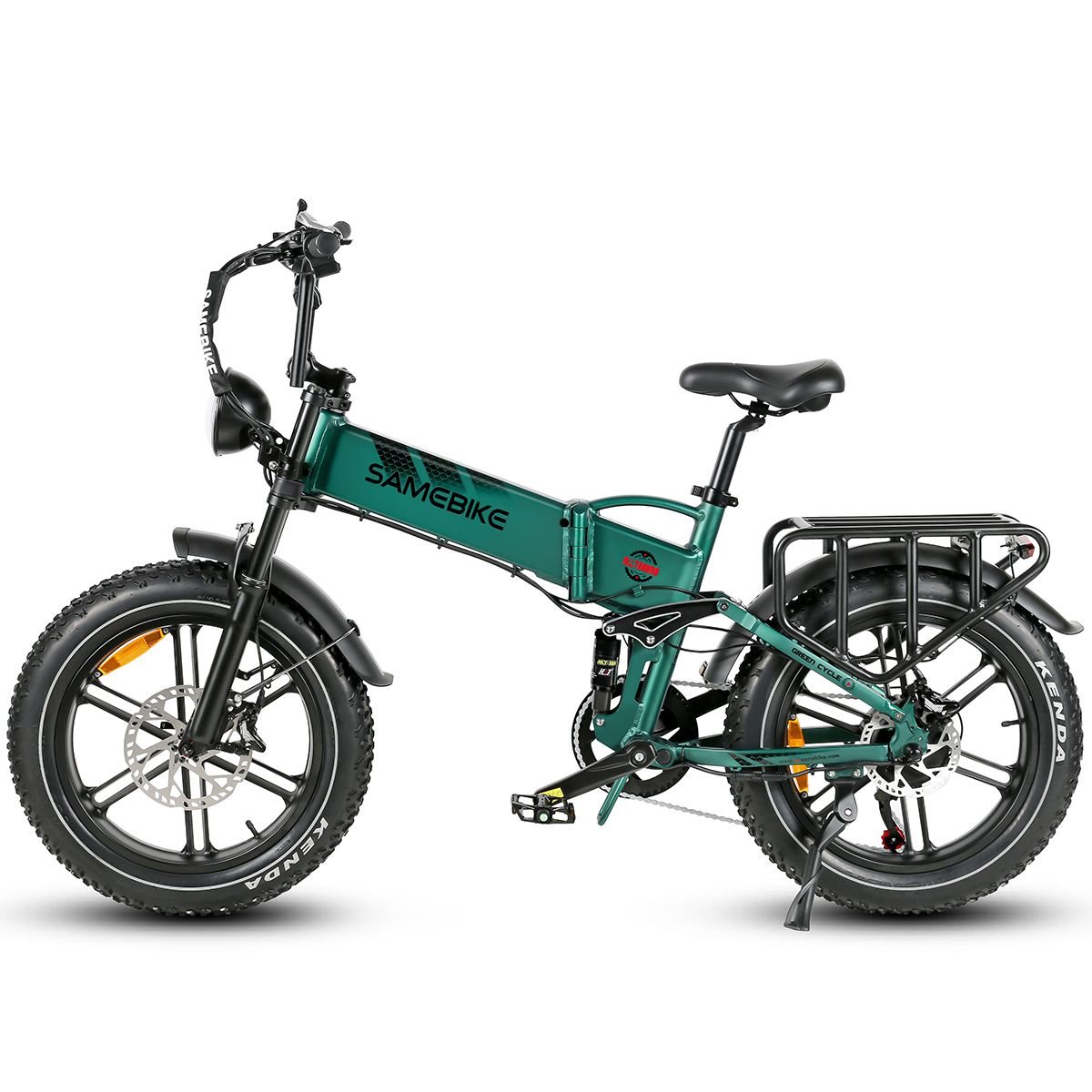 Vélo électrique de montagne SAMEBIKE RS-A02 vert. Pneus noirs, porte-bagages, garde-boue. Batterie sur cadre. Pneus Kenda.