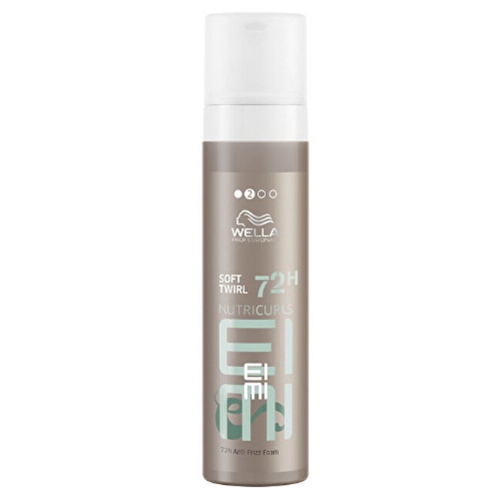 Wella Eimi Nutricurls Soft Twirl. Flacon marron et bouchon blanc. Inscriptions: Soft Twirl, 72H, Nutricurls, Eimi, 72H Anti-Frizz Foam.