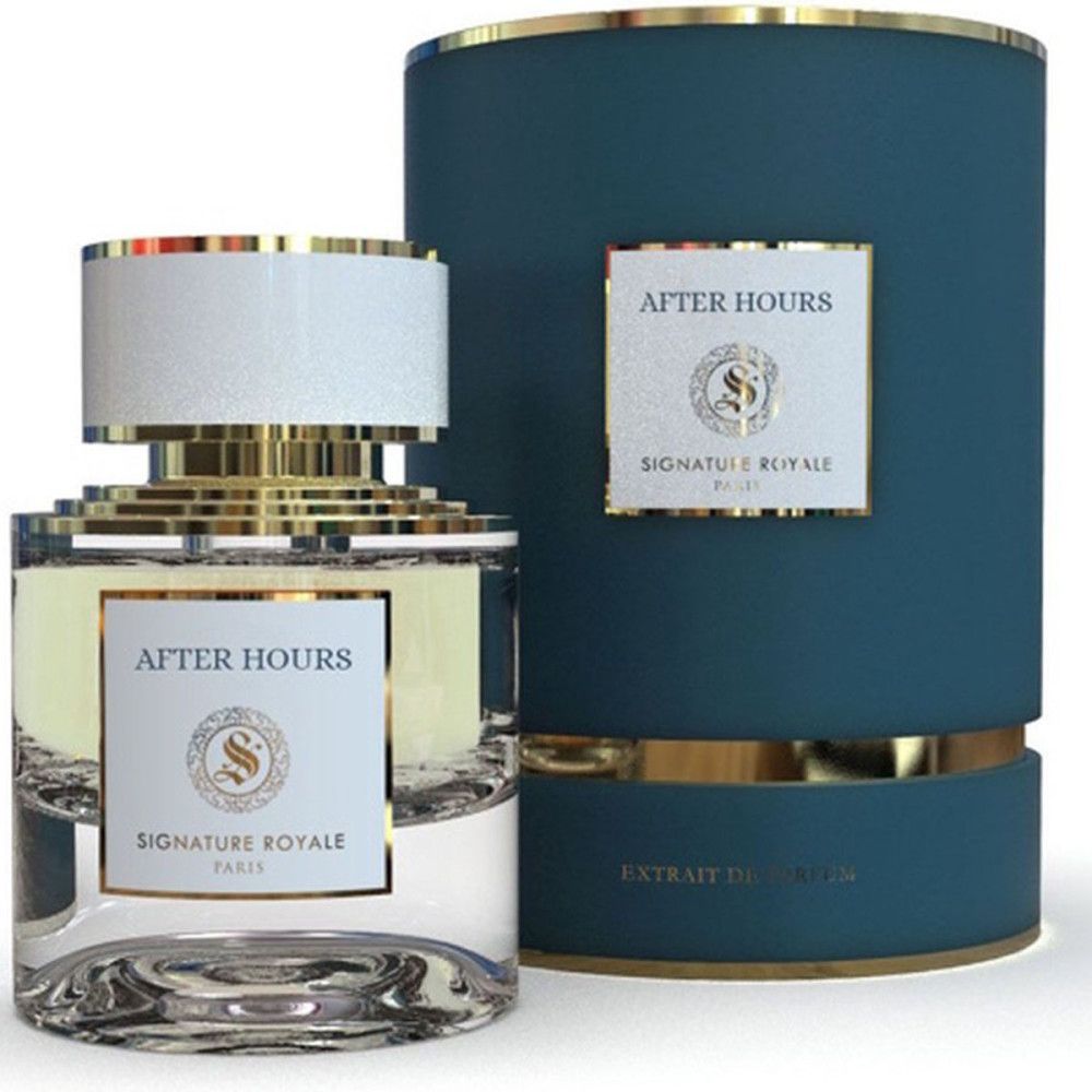 Flacon de parfum avec emballage cylindrique. Inscription "AFTER HOURS" et "Signature Royale Paris". Détails dorés.