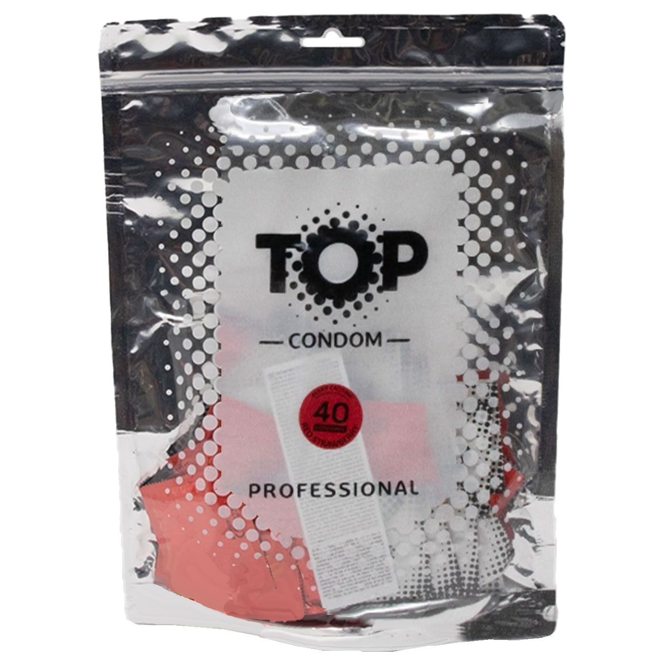 Emballage transparent de préservatifs. Inscription : TOP, CONDOM, 40 pièces, PROFESSIONAL. Préservatifs rouges visibles.