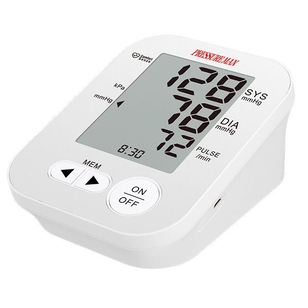 Witte digitale bloeddrukmeter. Groot display met meetwaarden. "PRESSURE MAN" logo bovenaan. Knoppen: MEM, ON/OFF.