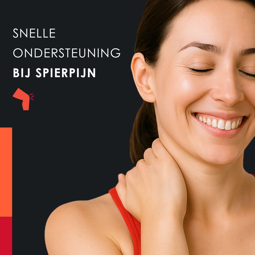 Vrouw met nek. Tekst: Snelle ondersteuning bij spierpijn. Logo van HEMP GEL RELIEF.