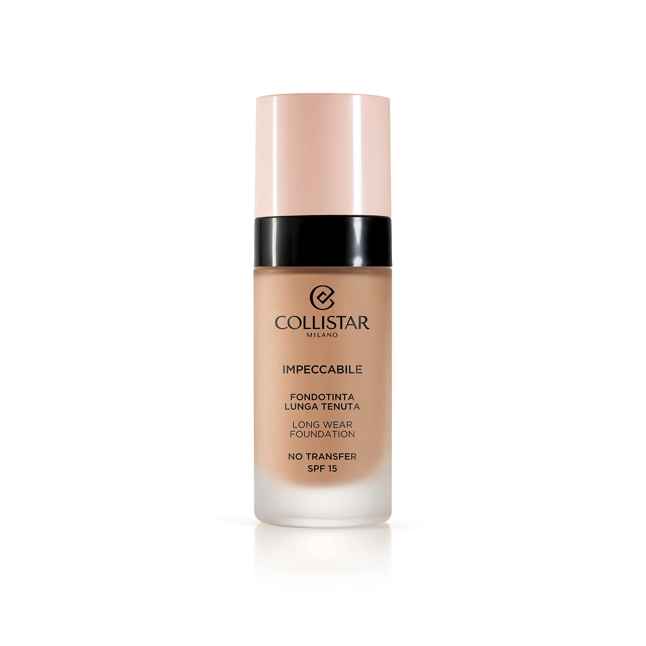 Beige foundationfles met roze dop. Zwarte ring. Opschrift: Collistar, Impeccabile, Fondotinta Lunga Tenuta, SPF 15.