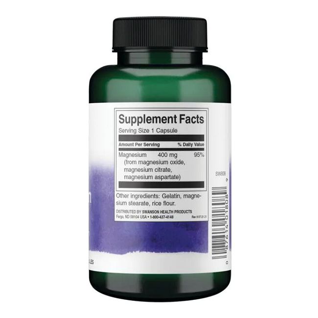 Dos de flacon vert. Étiquette blanche avec informations nutritionnelles. Magnésium 400 mg. Ingrédients: gélatine, stéarate de magnésium, farine de riz.